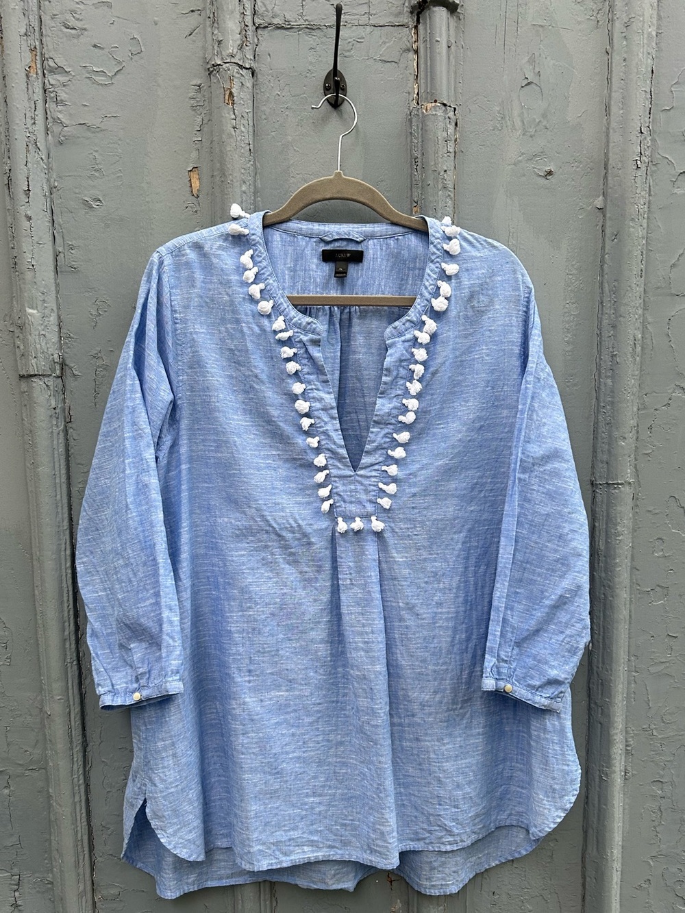 J Crew Blue Pom Pom cotton linen tunic, size XL